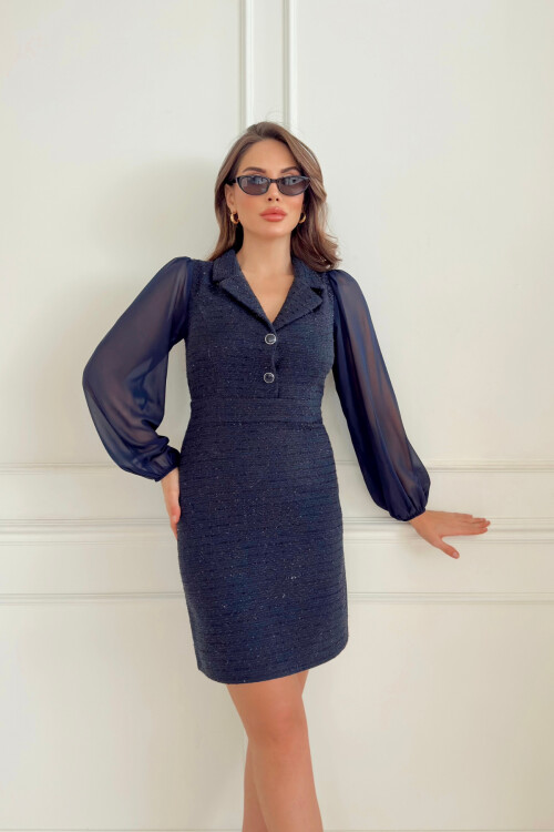 Şifon Kollu Channel Elbise