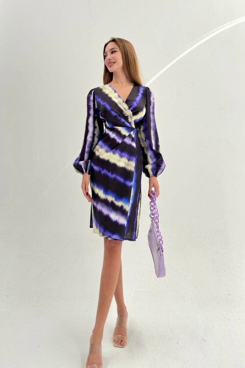 PRINTED CROSSOVER SATIN DRESS