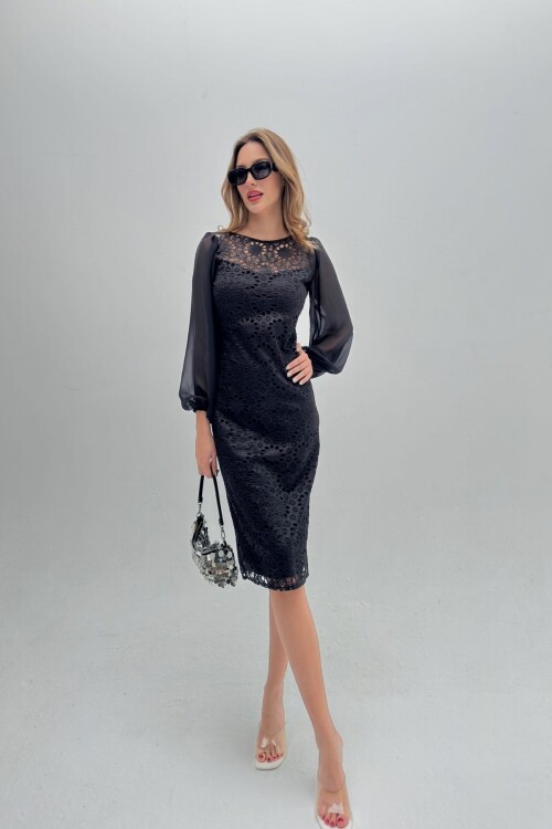 DRESS WITH CHIFFON LACE SLEEVES