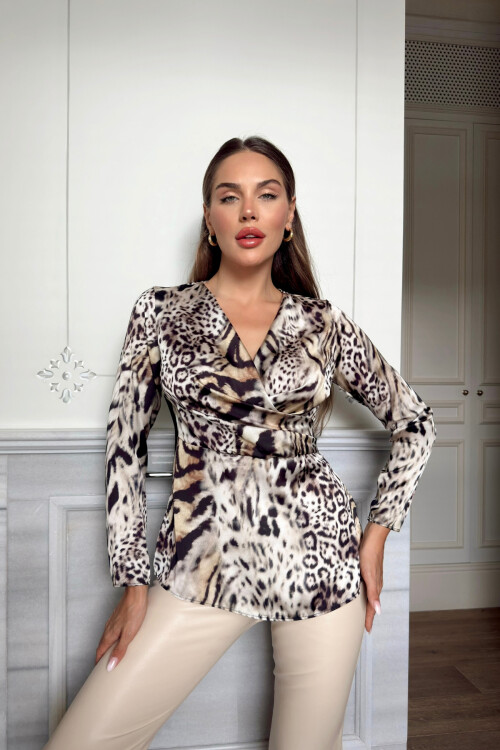 Leopar Desenli Saten Bluz