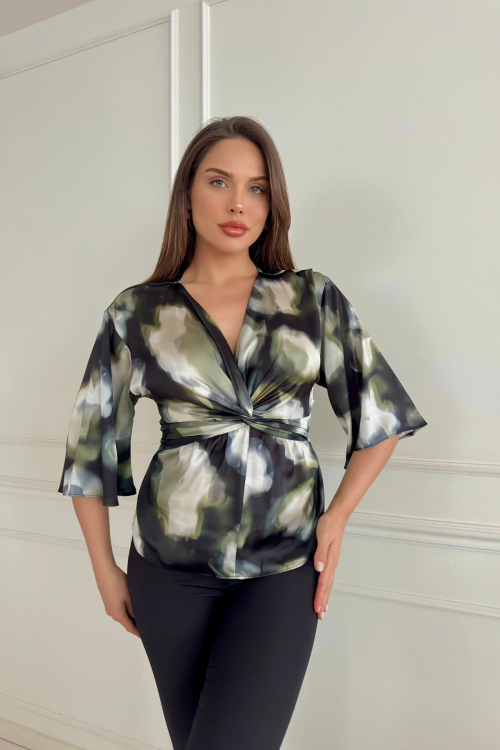 KNOTTED FRONT SATIN BLOUSE
