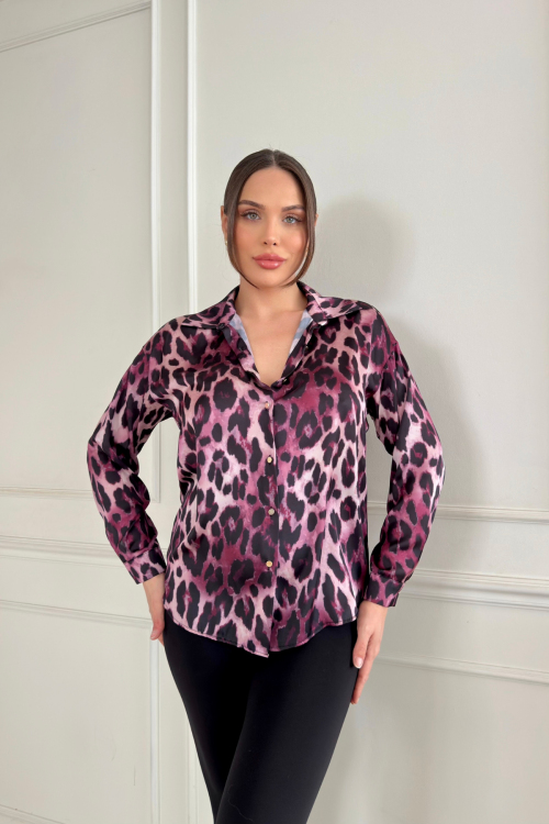 Leopar Desenli Saten Gömlek