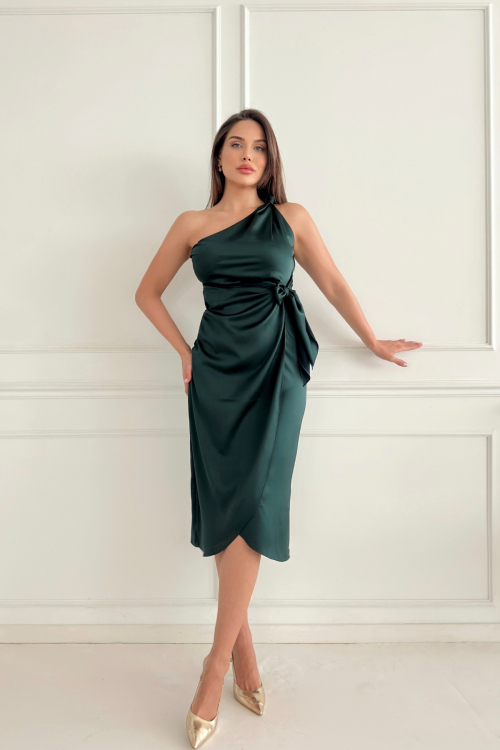 Omuzu Düğümlü Saten Elbise