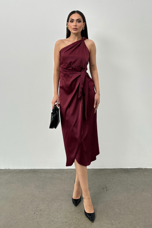 Omuzu Düğümlü Saten Elbise
